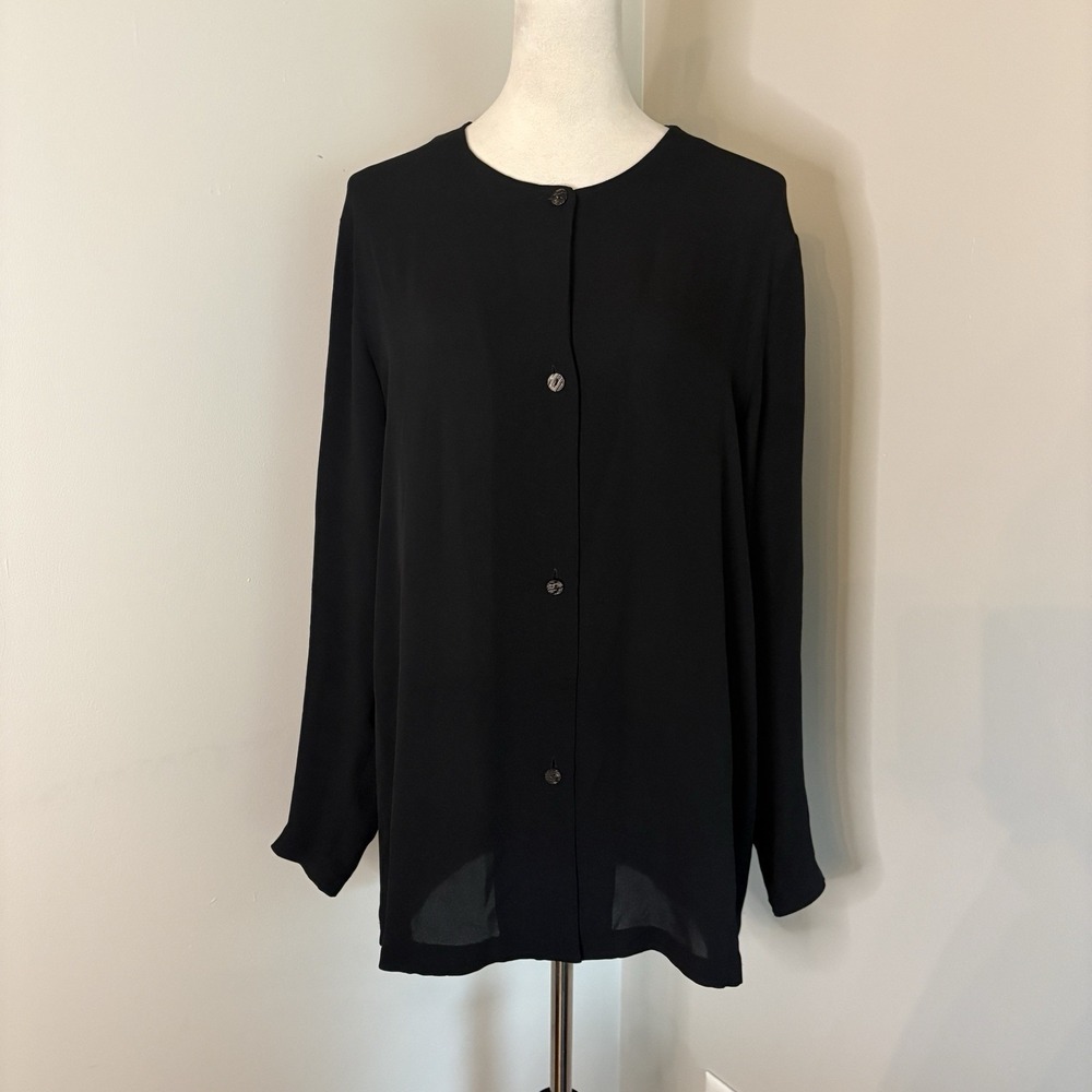 VTG Gordon Henderson Saks 90s Black 100% Silk Collarless Blouse Button Up Sz 6